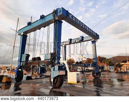 Bodrum, Turkey - 10.12.2021: Yacht Repair Crane At The Dock. Kairos Marina.
