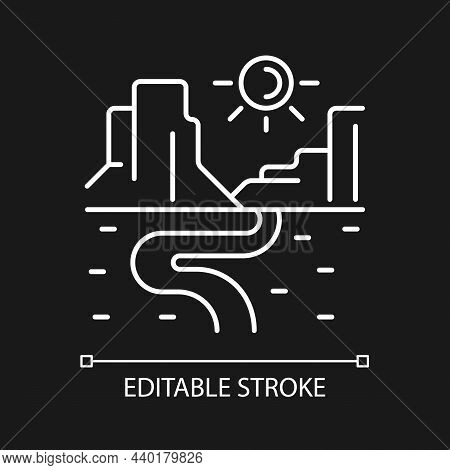 Canyon White Linear Icon For Dark Theme. Narrow And Deep Ravine. Trench With Steep Rock Side. Thin L