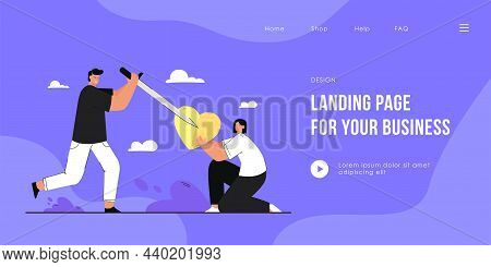 Young Man Broking Heart That Girl Holding. Flat Vector Illustration. Cartoon Guy Striking Woman Hear