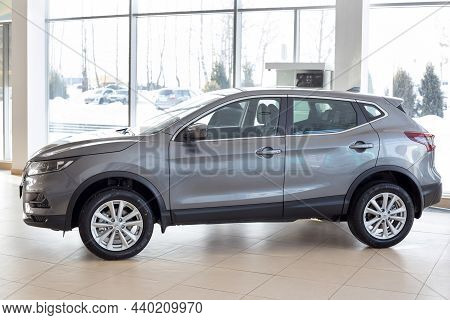 Russia, Izhevsk - February 19, 2021: Nissan Showroom. New Modern Qashqai Car With Pirelli Tyres In D