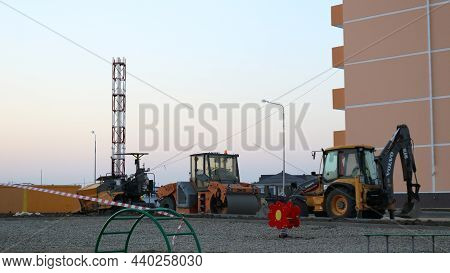 Maikop, Republic Of Adygea, Russia - October 18, 2020: Construction Equipment In A Parking Lot At A 