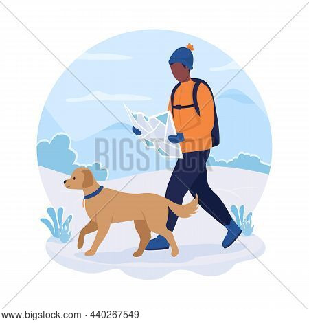Man On Hiking Route 2d Vector Isolated Illustration. Guy Staying On Track With Animal Companion. Bac