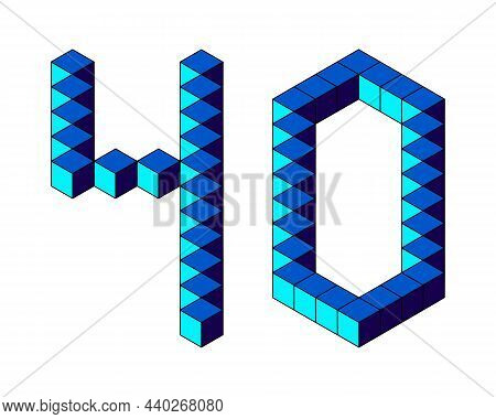 Blue Number 40 From Cubes Isolated On White Background. Pixel, 8 Bit, Isometric Style. Vector Illust