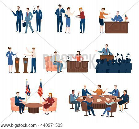 Politicians Elections Flat Set With Round Table Meeting Press Conference Interview Isolated On White