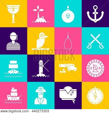 Set Compass, Pirate Coin, Crossed Pirate Swords, Bomb Ready To Explode, Parrot, Sailor Captain, Wood