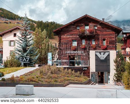Livigno, Italy - September 29, 2021: Wooden House Of Emporio Armani Fashion Store In A Duty Free Tow