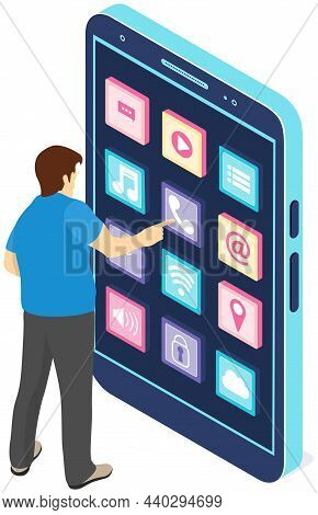 Development Of Mobile Application, Program For Smartphone Concept. Man Near Phone With Application I