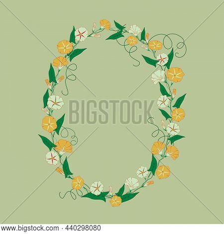 Vector Round Wreath With Convolvulus Or Bindweed Bell, Leaf And Bud Isolated On Green  Background.