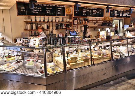 Stockholm, Sweden - August 24, 2018: Cheese Store In Ostermalm's Market Hall (ostermalms Saluhall) I
