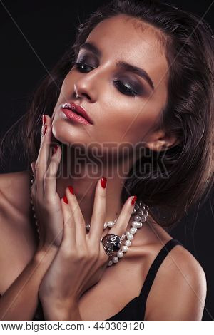 Beauty Young Sencual Woman With Jewellery Close Up, Luxury Portrait Of Rich Real Girl, Party Makeup