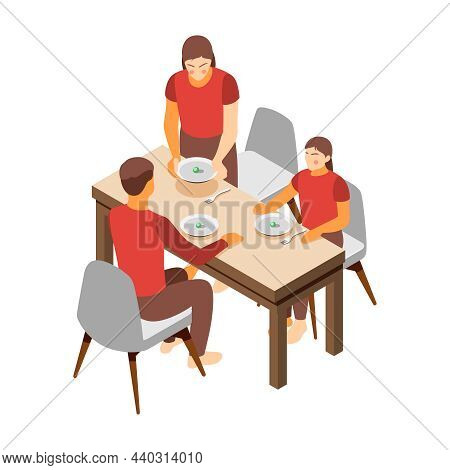Social Inequality And Poor People Problem Isometric Composition With Poor Family Having Breakfast At