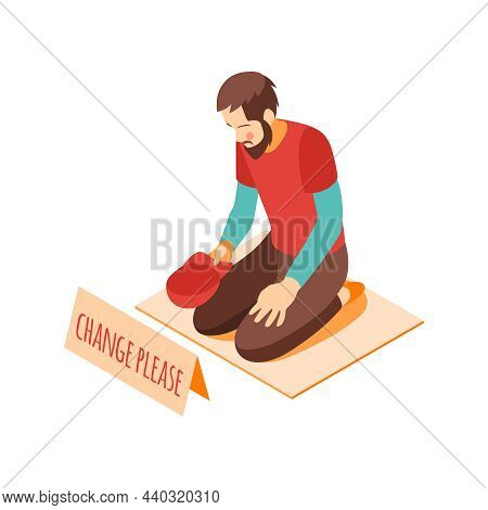 Social Inequality And Poor People Problem Isometric Composition With Man Standing On Knees Begging F