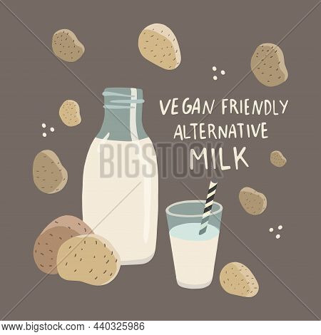 Vegan Plant Based Potato Milk In Transparent Bottle. Alternative Potato Milk And Potato Tubers