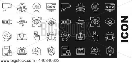 Set Line Shield With Check Mark, System Bug, Cloud And Shield, Security Camera, Barbed Wire, Passwor