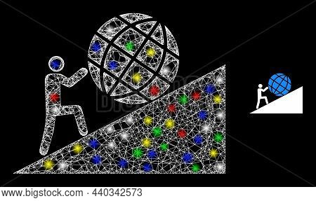 Glossy Irregular Mesh Man Rolling Globe Up Icon With Glare Effect On A Dark Background. Illuminated 
