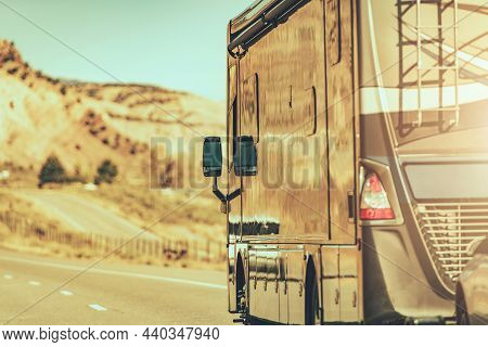 Modern Class A Motorhome Diesel Pusher Recreational Vehicle Road Trip. United States Of America. Rvi