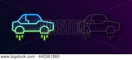 Glowing Neon Line Fantastic Flying Car Icon Isolated On Black Background. Hover Car Future Technolog