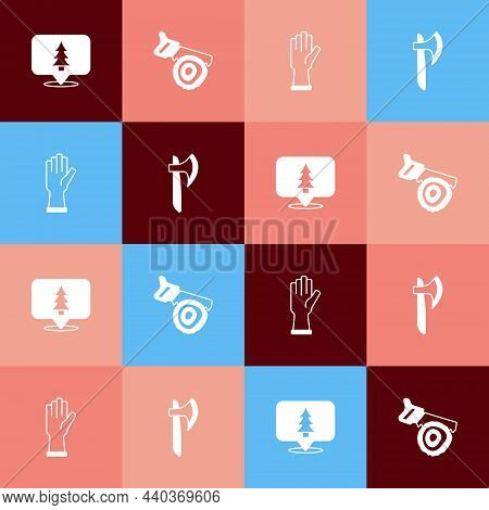 Set Pop Art Location Of The Forest, Hand Saw And Log, Protective Gloves And Wooden Axe Icon. Vector