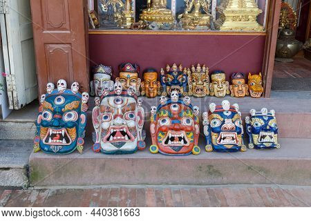 Kathmandu, Nepal - November 12, 2016: Gift Shop In Kathmandu. Boudha Stupa. Mask Tibet Style At Souv