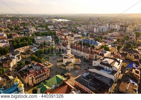 Aerial View Of Historic Center Of Ivano-frankivsk City With Old European Architecture.