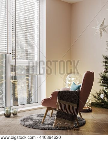 Living Room Christmas Interior In Scandinavian Style. Christmas Tree With Stars And Lights. Pink Cha