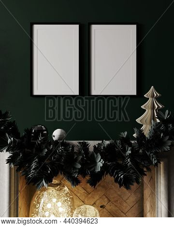 Mock Up Two Poster Frame In Cozy Interior Background With Christmas Decoration And Fireplace, 3d Ren
