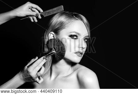 Closeup Portrait Of A Woman, Cosmetic Tonal Foundation On Face, Makeup Brush. Omb The Girl Hairbrush