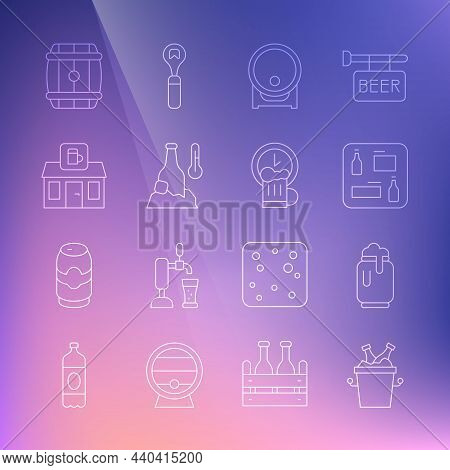 Set Line Beer Bottles In Ice Bucket, Can With Foam, Menu, Wooden Barrel On Rack, Cold Beer, Store Bu