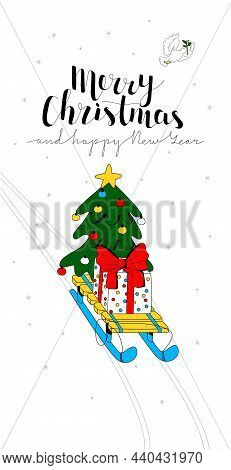 Vector Template, Business Card Layout For New Year, Christmas Theme. Christmas Tree Decorated Toys, 