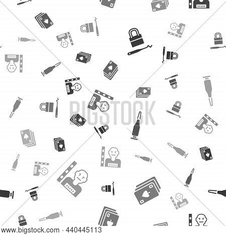 Set Lock Picks For Lock Picking, Playing Cards, Bullet And Suspect Criminal On Seamless Pattern. Vec