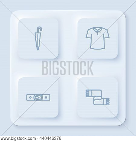 Set Line Umbrella, Shirt, Belt And Winter Scarf. White Square Button. Vector