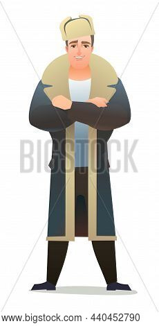Man In Winter Clothes. Sheepskin Coat And Warm Hat. Guy In Winter. Cheerful Person. Standing Pose. C