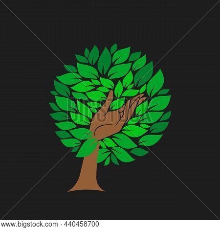 Green Hand Logo Template. Abstract Tree Made Of Human Hand With Green Leaves. Stock Vector Emblem.