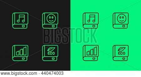 Set Line Book About Ecology, Financial Book, Audio And Icon. Vector