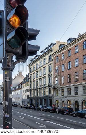 Copenhagen, Denmark - Oct 22, 2018: Traffic Lights Turned Amber (orange) Along Amaliegade Street. Eu