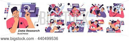Data Research Business Set Isolated Vector Cartoon Illustrations. Man Thinking About New Idea, Analy