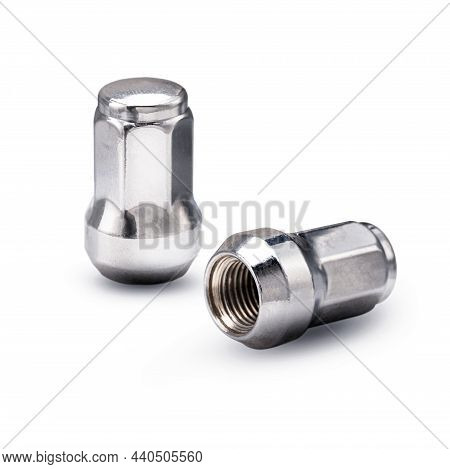New Chrome-plated Seven-sided Wheel Nuts, Automotive Wheel Fasteners Isolate On A White Background