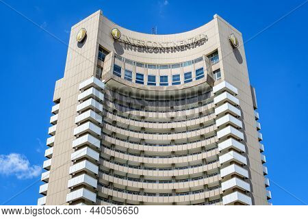 Bucharest, Romania - 6 May 2021: Tall Building Of Intercontinental Hotel Near The University Square 