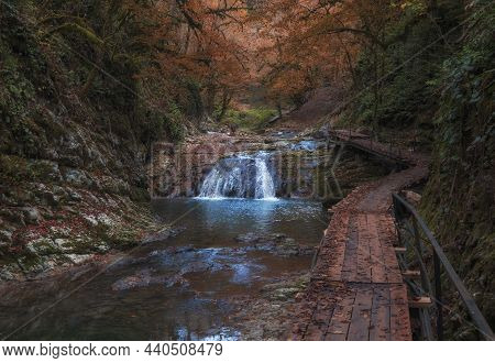 Olginsky Waterfall, And Cascades In The Tsebeldinsky Gorge, A Narrow Canyon With White Rocks And A T