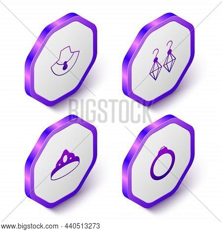 Set Isometric Necklace On Mannequin, Earrings, King Crown And Diamond Engagement Icon. Purple Hexago