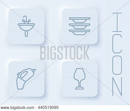 Set Line Washbasin, Washing Dishes, Portable Vacuum Cleaner And Wine Glass. White Square Button. Vec