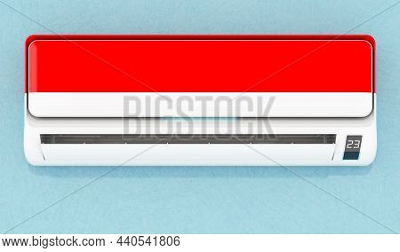 Air Conditioner With Indonesian, Monacan Flag On The Wall. House Climate Control System In Indonesia