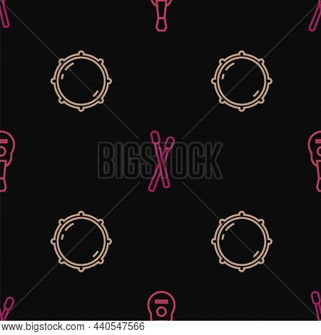 Set Line Guitar, Dial Knob Level And Drum Sticks On Seamless Pattern. Vector