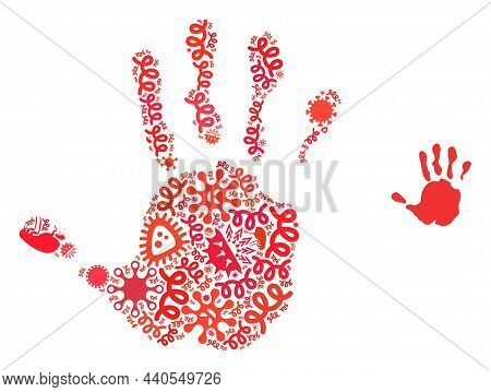 Vector Infection Hand Print Icon Collage Of Contagious Microbes. Hand Print Mosaic Is Organized Of I