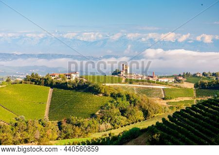 View of the village of Serralunga d`Alba and the wonderful Langa, italy