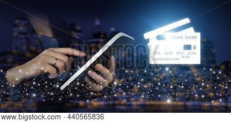 Credit Card Icon Network Connection On Virtual Screen Background, Business Technology. Hand Touch Wh
