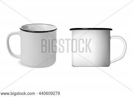 Enamel Mug. Enamel Metal Camping Cup Vector Blank. Vintage Enamelware, Retro Coffee Jar Template Wit