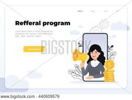 Refer A Friend Concept. Smartphone With A Girl Shouting In Loud Speaker. Refferal Marketing Strategy
