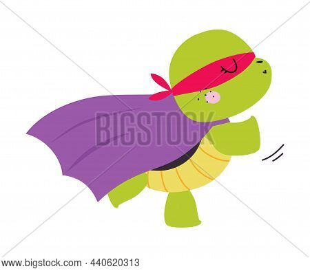 Green Turtle Animal Superhero Dressed In Mask And Cloak Running Vector Illustration