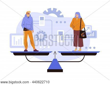 Young Hipster Persons In Casual Clothes Standing On Scales In Balance, Feminism And Gender Equality 